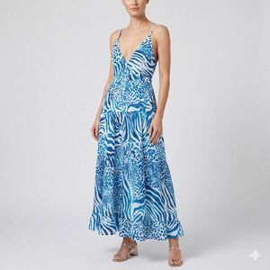 True Destinations Resort Tiered Blue Animal Print Maxi Dress XS NWT